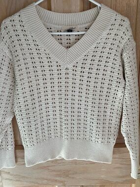 Open-Knit V-Neck Sweater in Cream